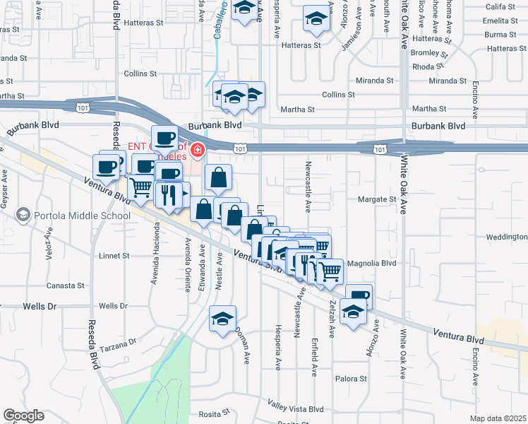 map of restaurants, bars, coffee shops, grocery stores, and more near 5354 Lindley Avenue in Los Angeles
