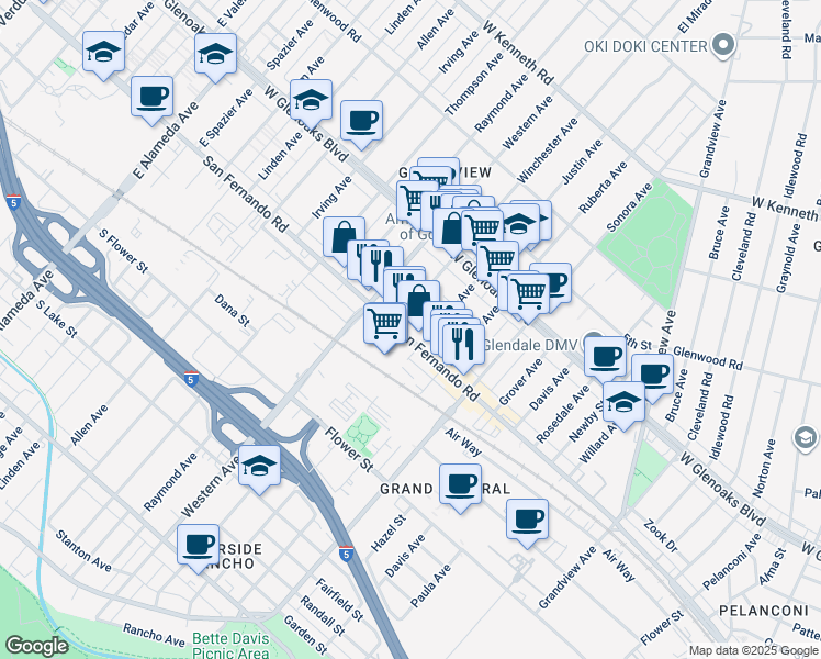 map of restaurants, bars, coffee shops, grocery stores, and more near 6514 San Fernando Road in Glendale