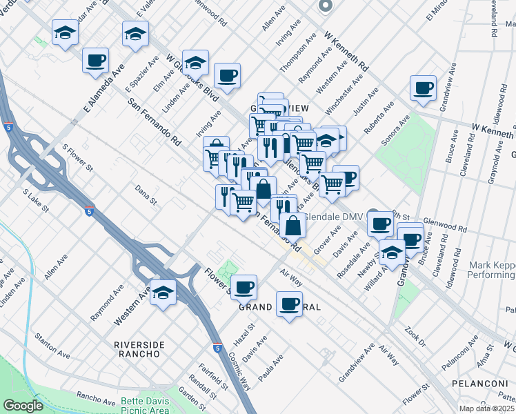 map of restaurants, bars, coffee shops, grocery stores, and more near 6514 San Fernando Road in Glendale