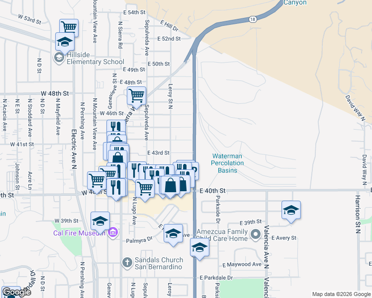 map of restaurants, bars, coffee shops, grocery stores, and more near 291 East 44th Street in San Bernardino