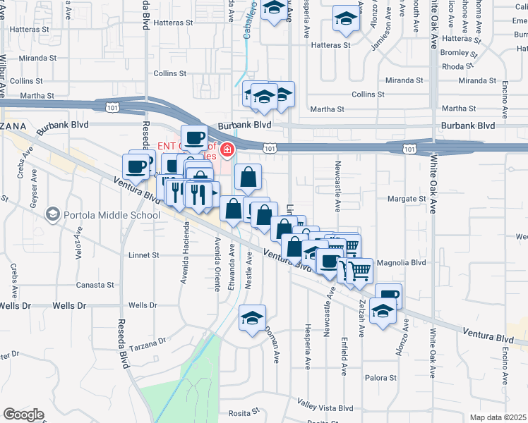 map of restaurants, bars, coffee shops, grocery stores, and more near 5362 Garden Grove Avenue in Los Angeles