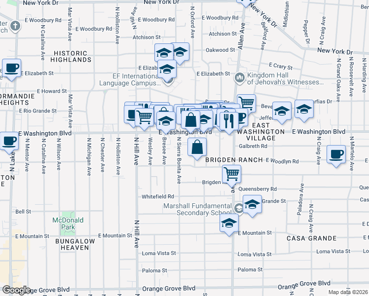 map of restaurants, bars, coffee shops, grocery stores, and more near 1308 North Sierra Bonita Avenue in Pasadena