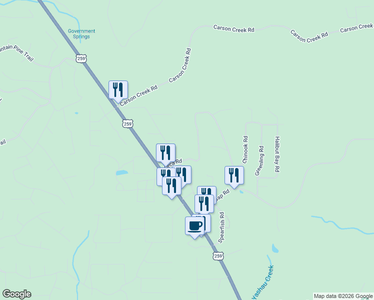 map of restaurants, bars, coffee shops, grocery stores, and more near 406 Orca Road in Broken Bow