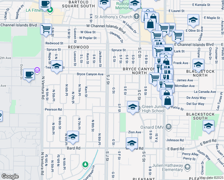 map of restaurants, bars, coffee shops, grocery stores, and more near 3541 G Street in Oxnard