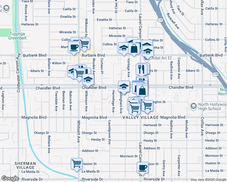 map of restaurants, bars, coffee shops, grocery stores, and more near Hermitage Avenue in Los Angeles