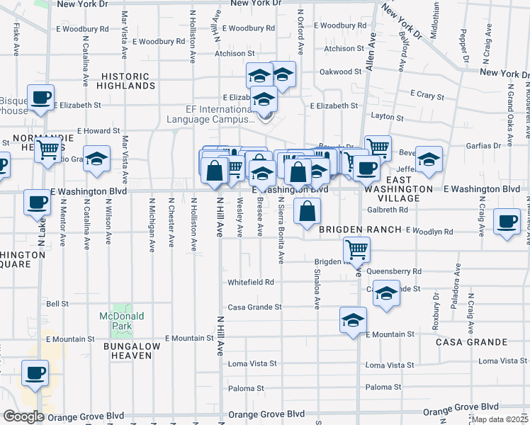 map of restaurants, bars, coffee shops, grocery stores, and more near 1268 Bresee Avenue in Pasadena