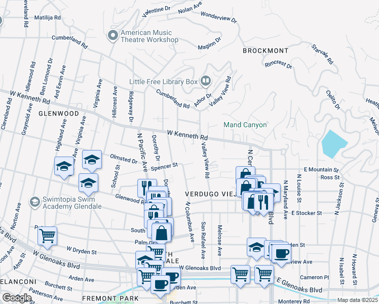 map of restaurants, bars, coffee shops, grocery stores, and more near 1426 Merriman Drive in Glendale
