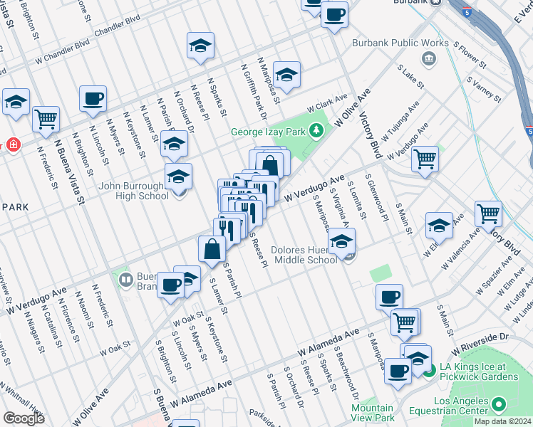 map of restaurants, bars, coffee shops, grocery stores, and more near 1520 West Olive Avenue in Burbank