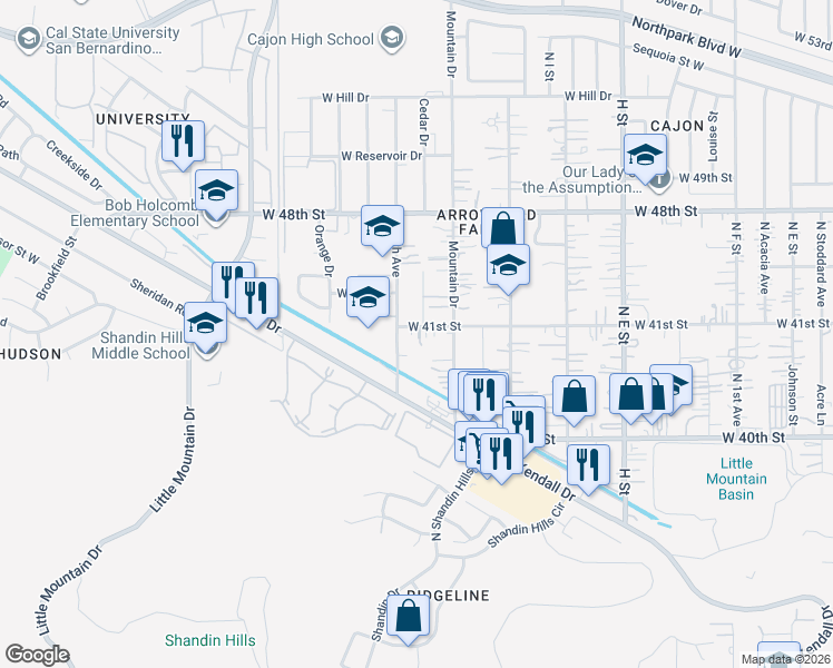 map of restaurants, bars, coffee shops, grocery stores, and more near 1175 West 41st Street in San Bernardino