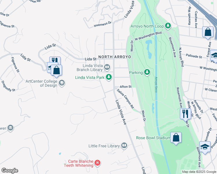 map of restaurants, bars, coffee shops, grocery stores, and more near 1261 Afton Street in Pasadena