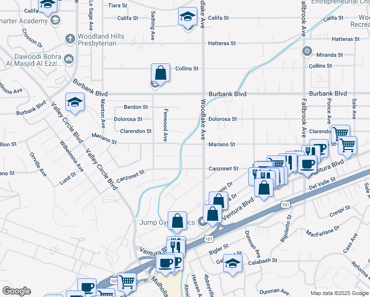 map of restaurants, bars, coffee shops, grocery stores, and more near 23250 Mariano Street in Los Angeles