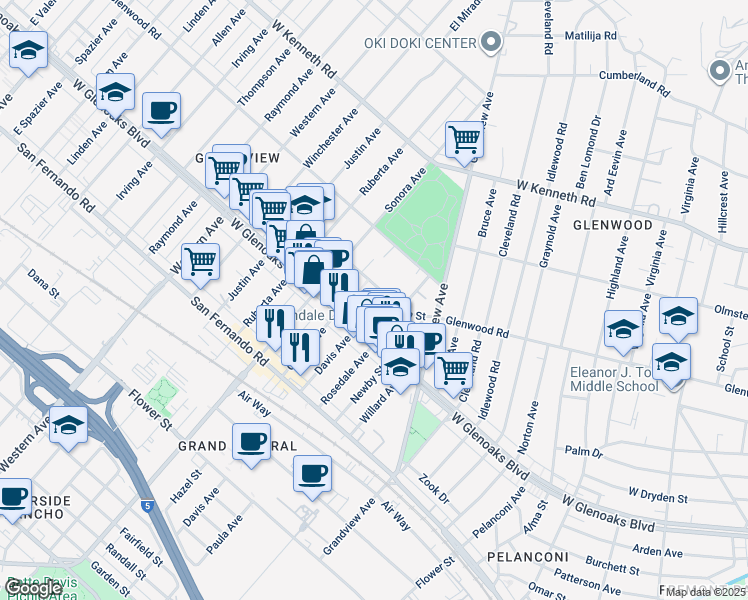 map of restaurants, bars, coffee shops, grocery stores, and more near in Glendale