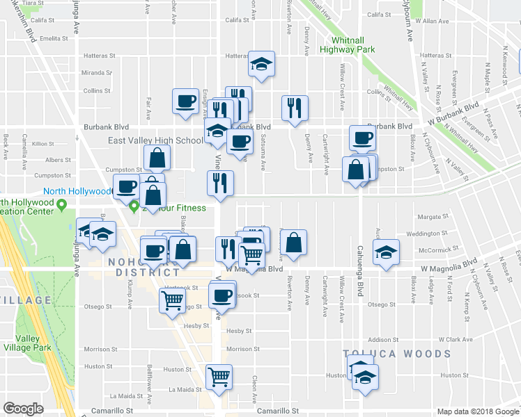 map of restaurants, bars, coffee shops, grocery stores, and more near 2 Chandler Boulevard in Los Angeles