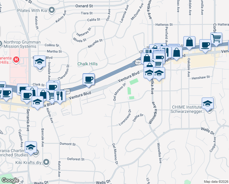 map of restaurants, bars, coffee shops, grocery stores, and more near 20301 Reaza Place in Los Angeles