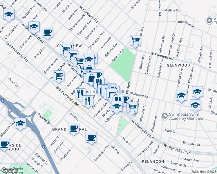 map of restaurants, bars, coffee shops, grocery stores, and more near 1344 5th Street in Glendale