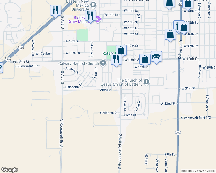 map of restaurants, bars, coffee shops, grocery stores, and more near 2020 South Avenue I in Portales