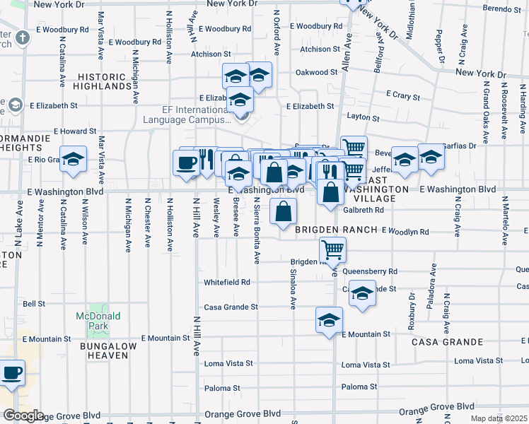 map of restaurants, bars, coffee shops, grocery stores, and more near 1308 North Sierra Bonita Avenue in Pasadena