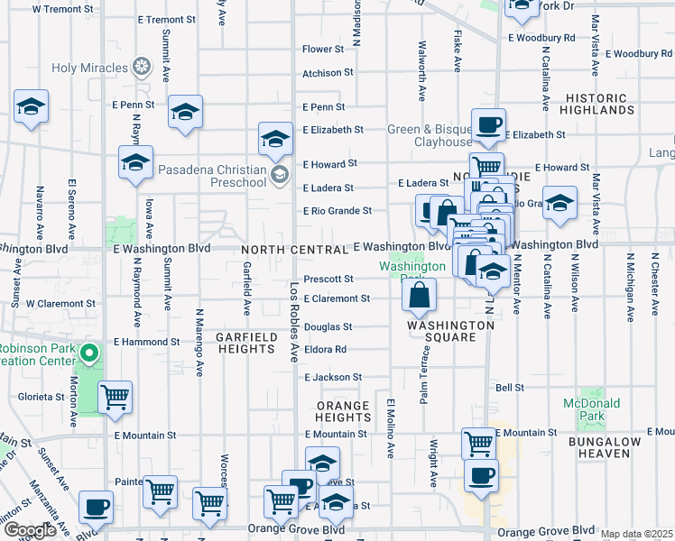 map of restaurants, bars, coffee shops, grocery stores, and more near 518 East Washington Boulevard in Pasadena