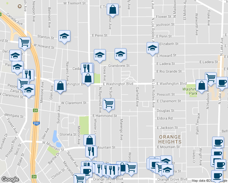 map of restaurants, bars, coffee shops, grocery stores, and more near 1304 North Summit Avenue in Pasadena