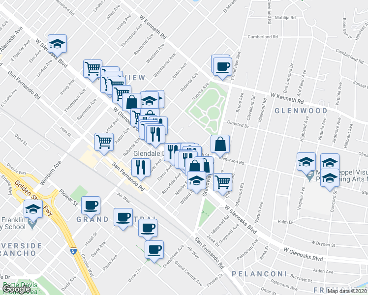 map of restaurants, bars, coffee shops, grocery stores, and more near 1412 5th Street in Glendale