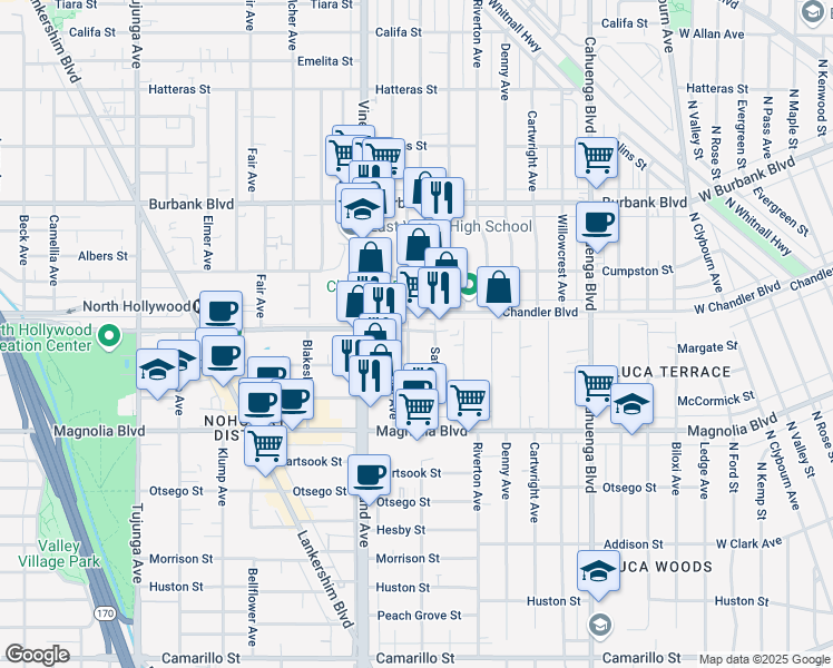 map of restaurants, bars, coffee shops, grocery stores, and more near 10866 Chandler Boulevard in Los Angeles