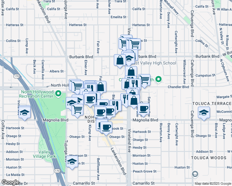 map of restaurants, bars, coffee shops, grocery stores, and more near 11101 Chandler Boulevard in Los Angeles