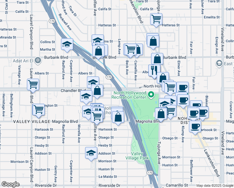 map of restaurants, bars, coffee shops, grocery stores, and more near 11612 1/2 Chandler Boulevard in Los Angeles