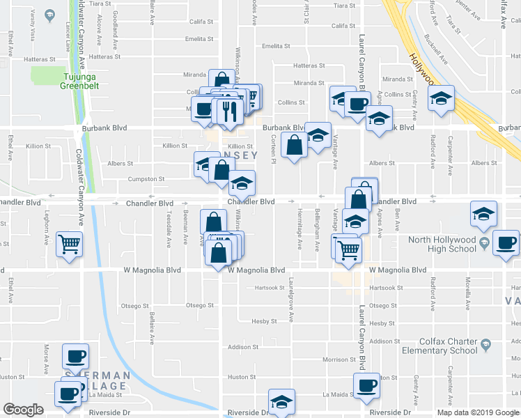 map of restaurants, bars, coffee shops, grocery stores, and more near in Los Angeles