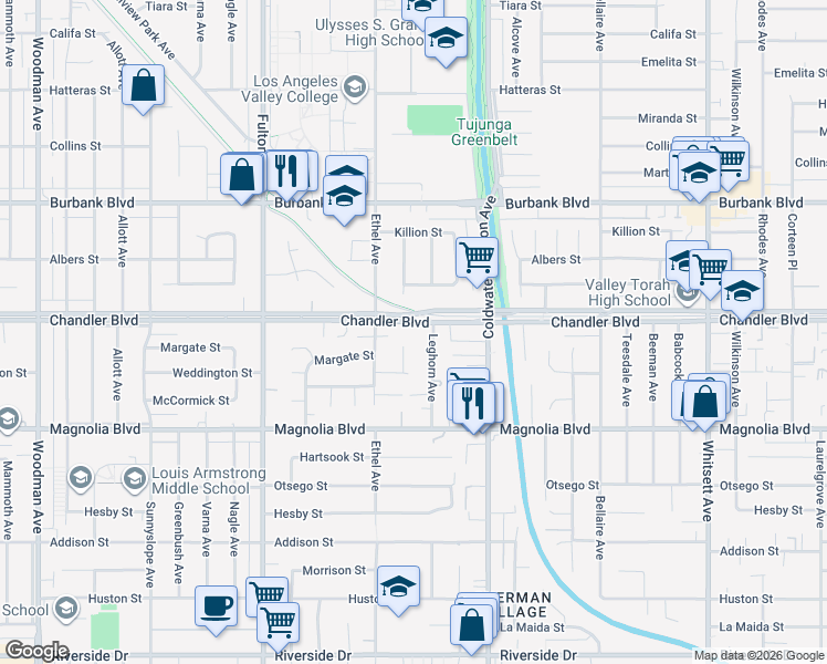 map of restaurants, bars, coffee shops, grocery stores, and more near 13001 Chandler Boulevard in Los Angeles