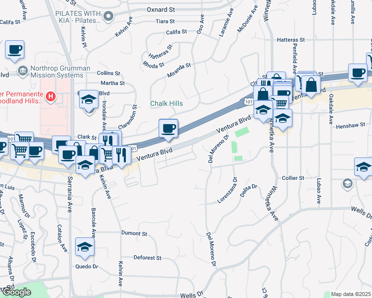 map of restaurants, bars, coffee shops, grocery stores, and more near 20461 Ventura Boulevard in Los Angeles