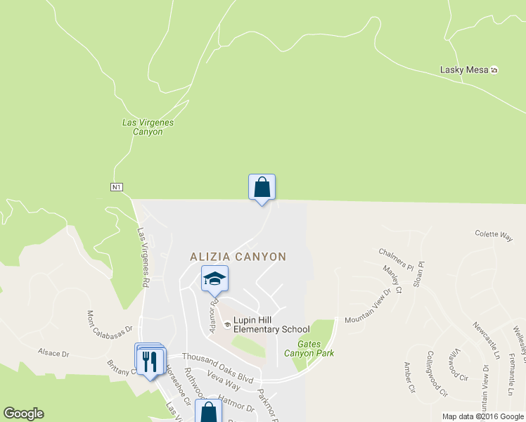 map of restaurants, bars, coffee shops, grocery stores, and more near 26003 Alizia Canyon Drive in Calabasas