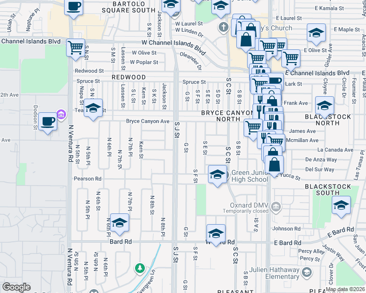 map of restaurants, bars, coffee shops, grocery stores, and more near 3440 South J Street in Oxnard