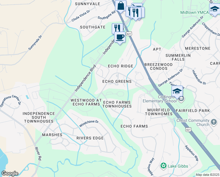 map of restaurants, bars, coffee shops, grocery stores, and more near 3928 Echo Farms Boulevard in Wilmington