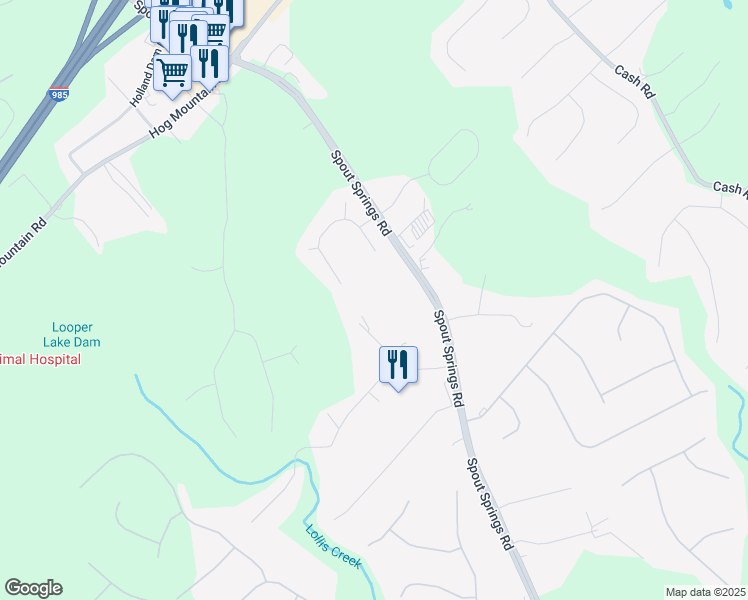 map of restaurants, bars, coffee shops, grocery stores, and more near 6250 Caprice Drive in Flowery Branch