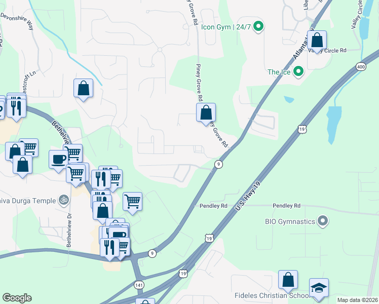 map of restaurants, bars, coffee shops, grocery stores, and more near 1995 Cottage Grove Way in Cumming