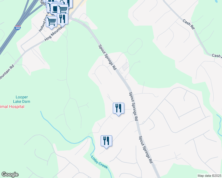 map of restaurants, bars, coffee shops, grocery stores, and more near 6250 Caprice Drive in Flowery Branch