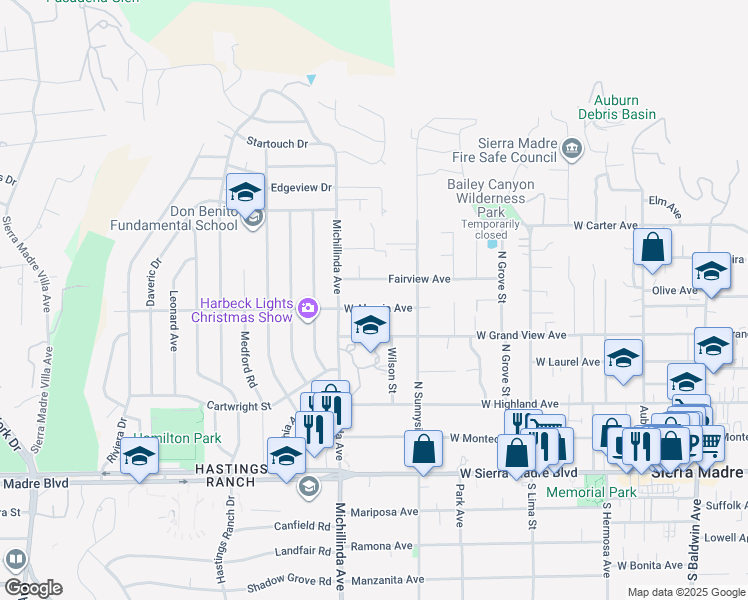 map of restaurants, bars, coffee shops, grocery stores, and more near 661 West Alegria Avenue in Sierra Madre