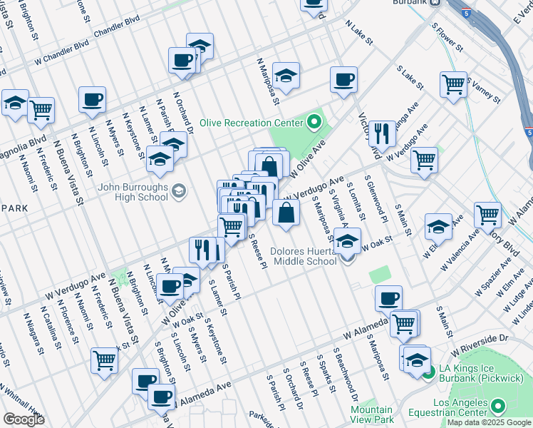 map of restaurants, bars, coffee shops, grocery stores, and more near 1520 West Olive Avenue in Burbank