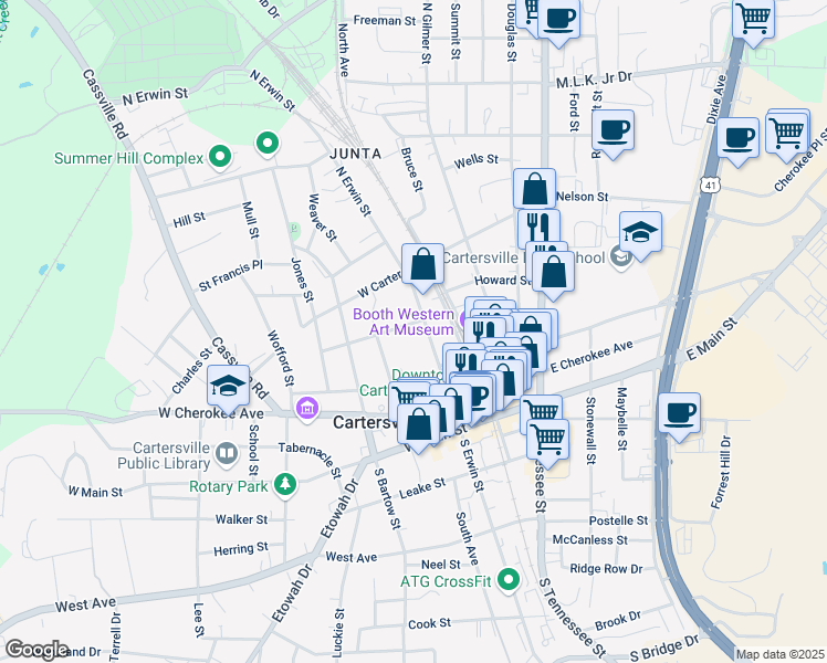 map of restaurants, bars, coffee shops, grocery stores, and more near 124 North Erwin Street in Cartersville