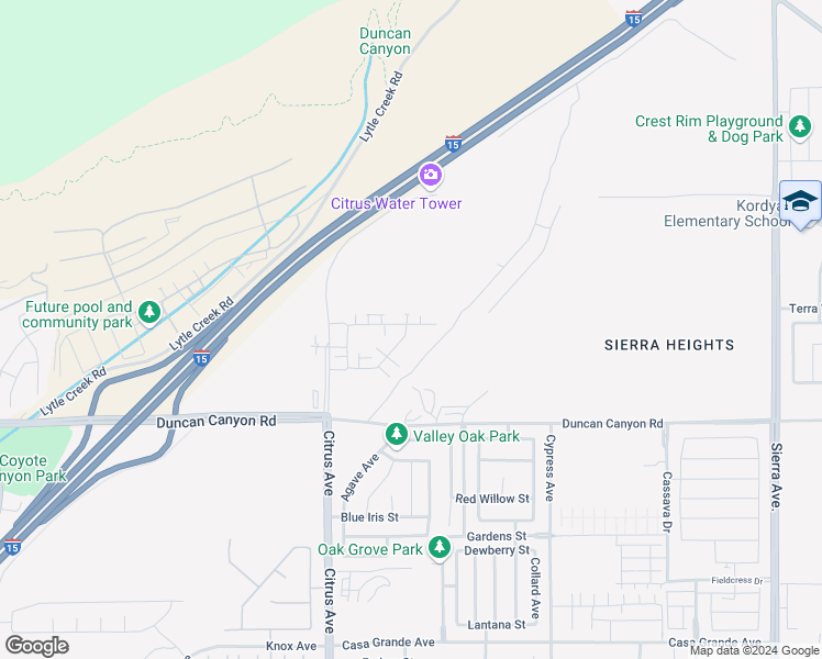 map of restaurants, bars, coffee shops, grocery stores, and more near 16281 Castello Lane in Fontana