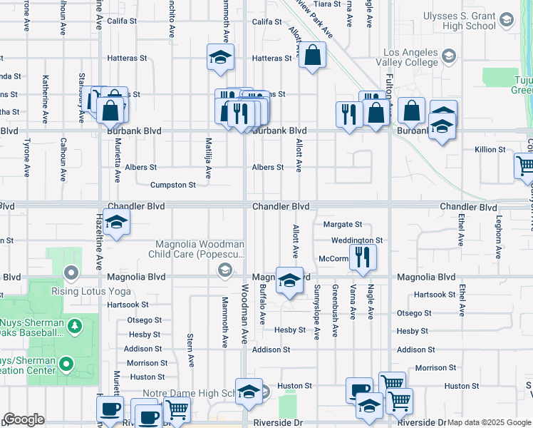 map of restaurants, bars, coffee shops, grocery stores, and more near 5346 Buffalo Avenue in Los Angeles