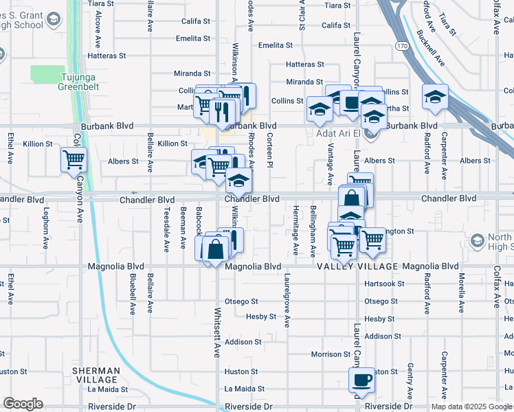map of restaurants, bars, coffee shops, grocery stores, and more near 12390 Chandler Boulevard in Los Angeles