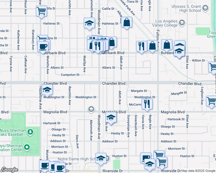 map of restaurants, bars, coffee shops, grocery stores, and more near 5346 Buffalo Avenue in Los Angeles