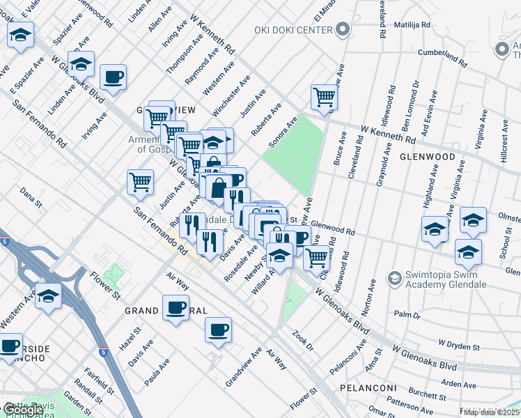 map of restaurants, bars, coffee shops, grocery stores, and more near 1344 5th Street in Glendale