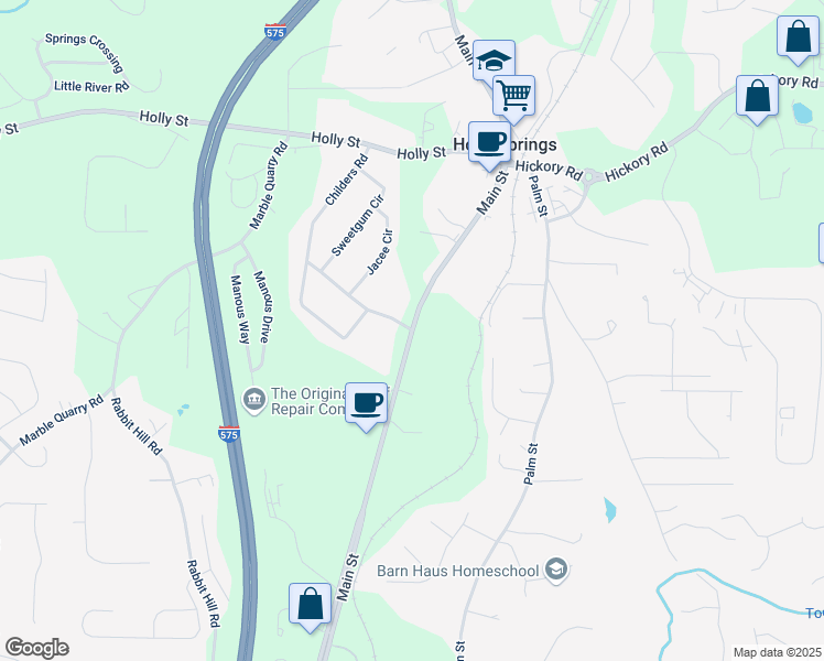 map of restaurants, bars, coffee shops, grocery stores, and more near Holly Springs Parkway in Canton