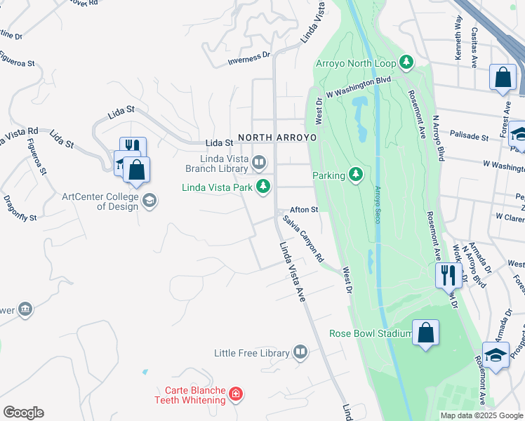 map of restaurants, bars, coffee shops, grocery stores, and more near 1261 Afton Street in Pasadena