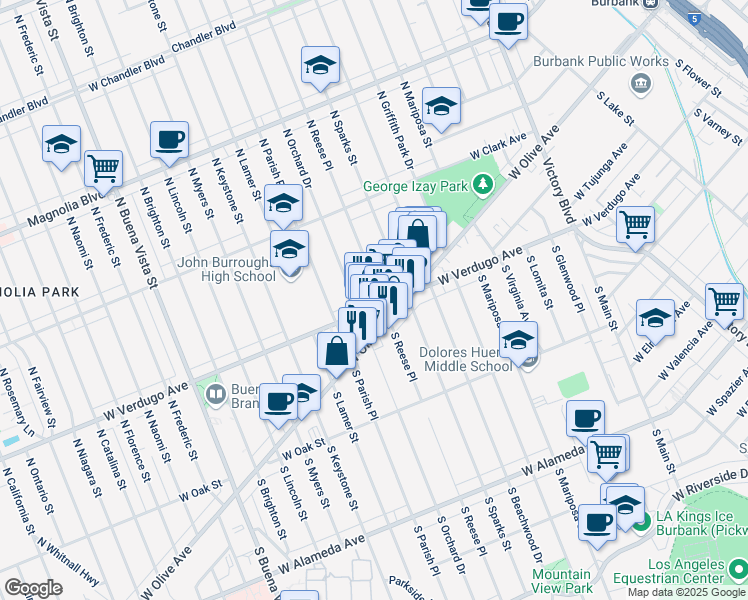 map of restaurants, bars, coffee shops, grocery stores, and more near 201 North Reese Place in Burbank