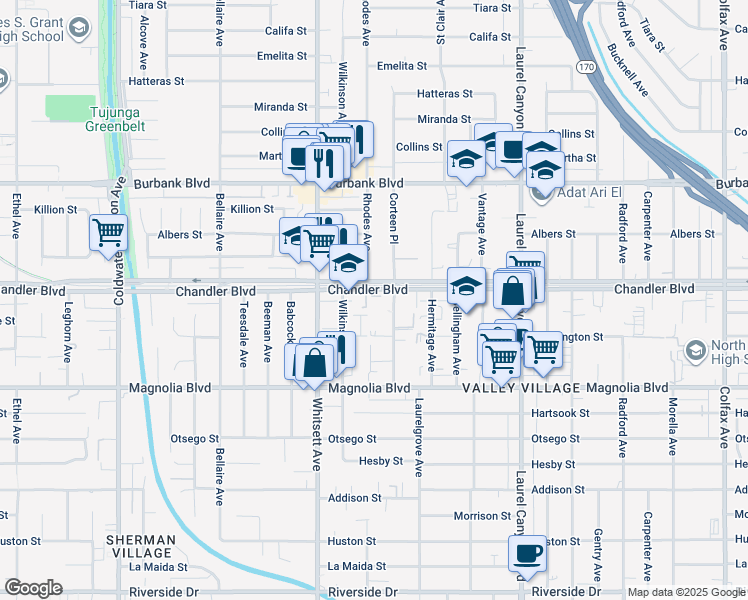 map of restaurants, bars, coffee shops, grocery stores, and more near 12390 Chandler Boulevard in Los Angeles