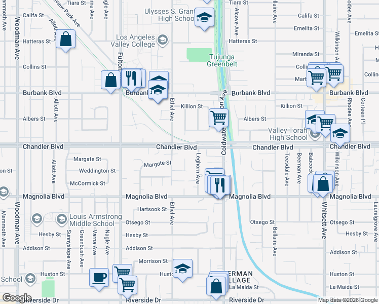 map of restaurants, bars, coffee shops, grocery stores, and more near 13001 Chandler Boulevard in Los Angeles