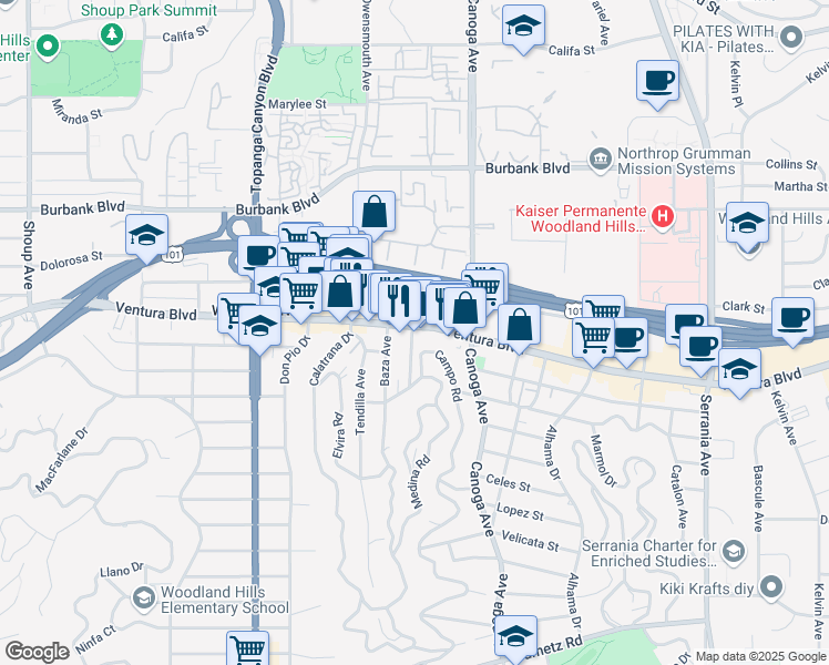 map of restaurants, bars, coffee shops, grocery stores, and more near 21501 Ventura Boulevard in Los Angeles